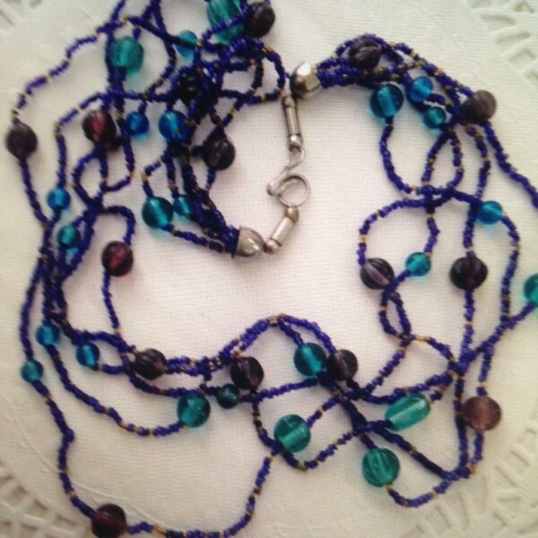 Vintage, Aqua, Purple, Yellow Glass Beads 5-Strands 22in Necklace