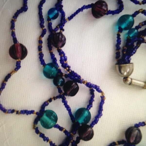 Vintage, Aqua, Purple, Yellow Glass Beads 5-Strands 22in Necklace