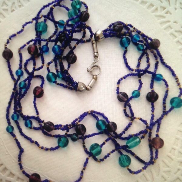 Vintage, Aqua, Purple, Yellow Glass Beads 5-Strands 22in Necklace