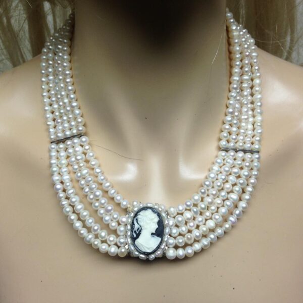 Elegant Reversible Cameo-Rhinestones Pendant 5 Strands Real Pearls 18in Necklace