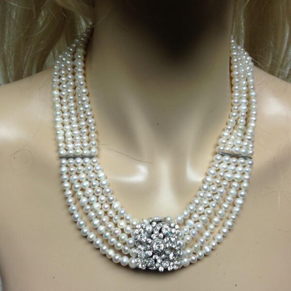 Elegant Reversible Cameo-Rhinestones Pendant 5 Strands Real Pearls 18in Necklace