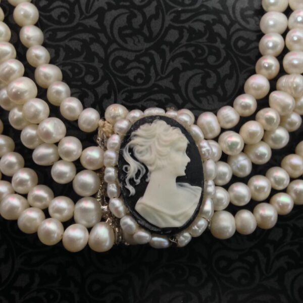 Elegant Reversible Cameo-Rhinestones Pendant 5 Strands Real Pearls 18in Necklace