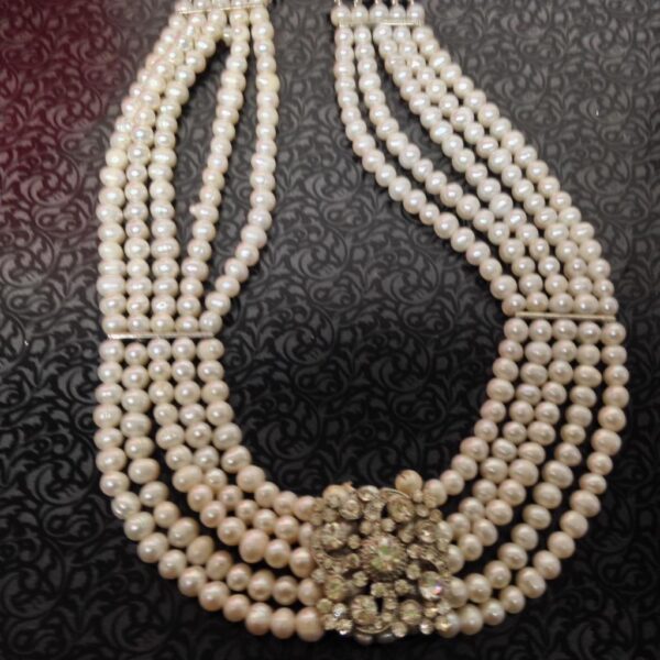 Elegant Reversible Cameo-Rhinestones Pendant 5 Strands Real Pearls 18in Necklace