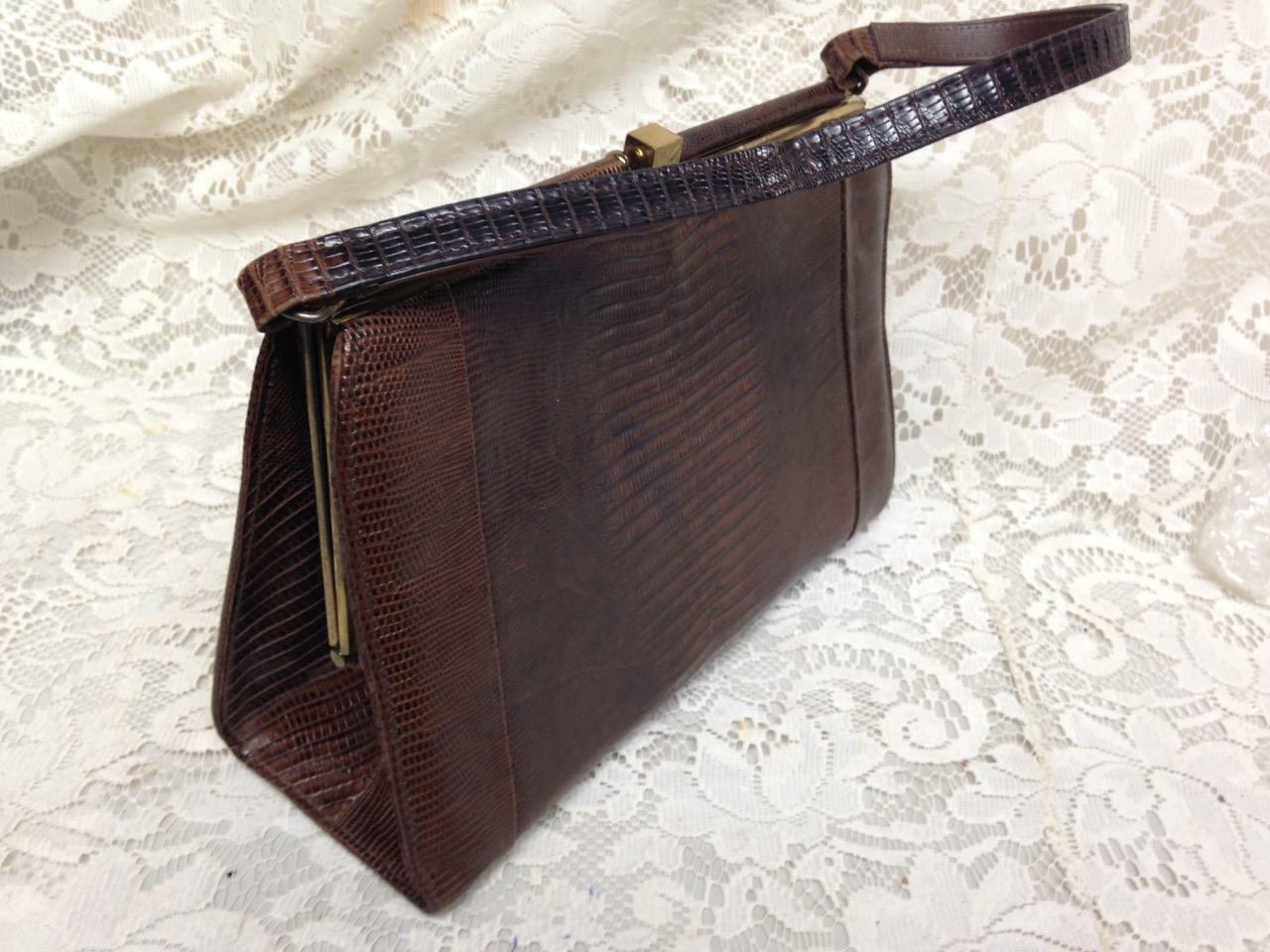 Vintage, Bellestone, Genuine Dark BrownLizard Handbag 10in x 7.5in x3.5in