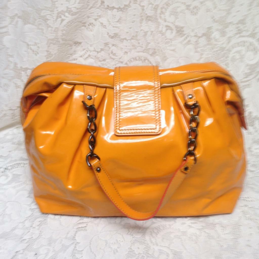 Authentic Fendi, Pumpkin Orange Patent Leather Shoulder Bag 13in x 10in x 6.5in