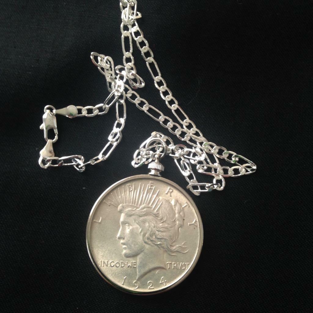 Antique 1924 Silver Dollar Coin Pendant with 18in 925 Silver Chain Necklace