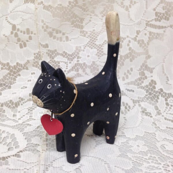 Polka Dot, Hand painted Wood, Figural Cat Ring Holder 5in T x 3.5in L x 1.5in W