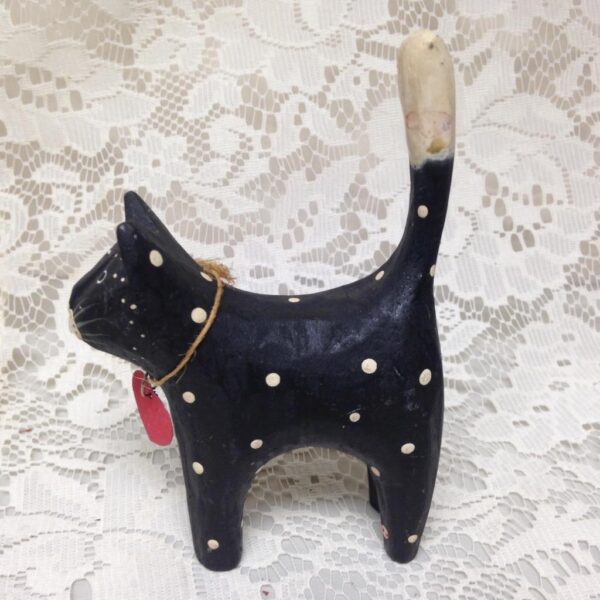 Polka Dot, Hand painted Wood, Figural Cat Ring Holder 5in T x 3.5in L x 1.5in W