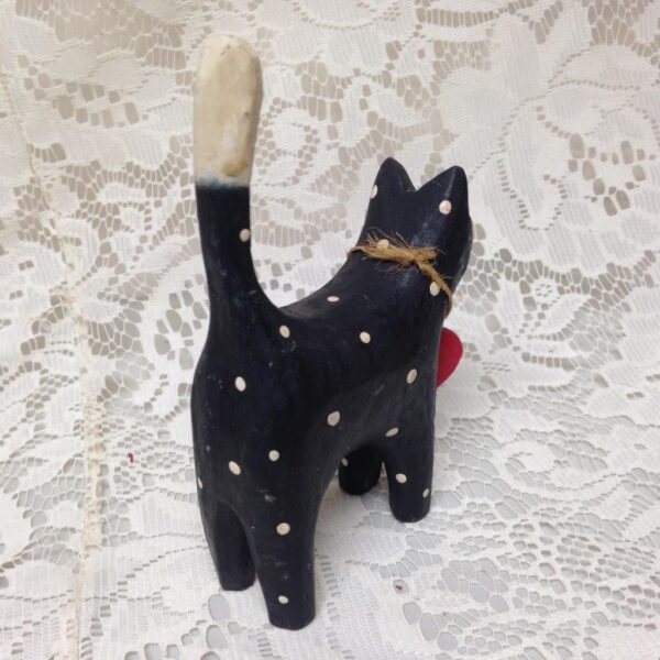 Polka Dot, Hand painted Wood, Figural Cat Ring Holder 5in T x 3.5in L x 1.5in W