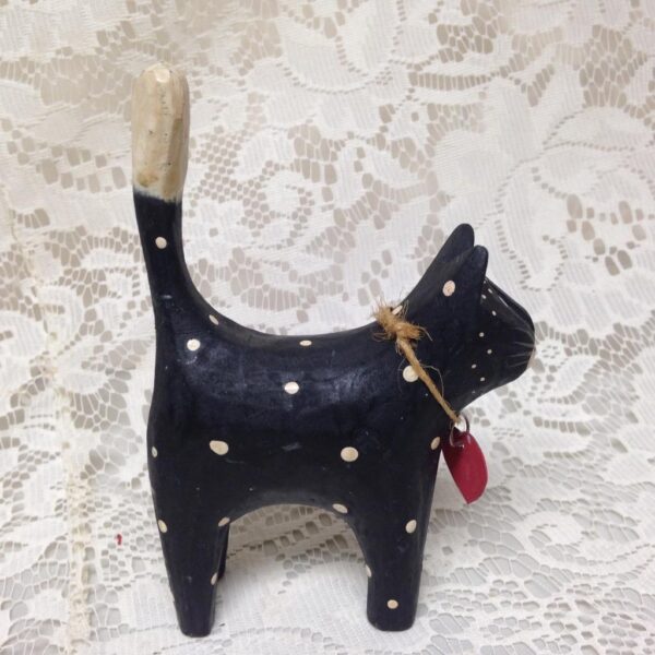 Polka Dot, Hand painted Wood, Figural Cat Ring Holder 5in T x 3.5in L x 1.5in W