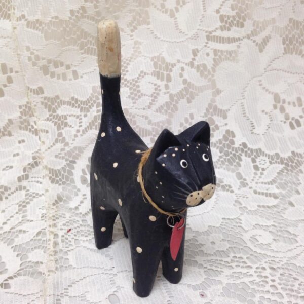 Polka Dot, Hand painted Wood, Figural Cat Ring Holder 5in T x 3.5in L x 1.5in W