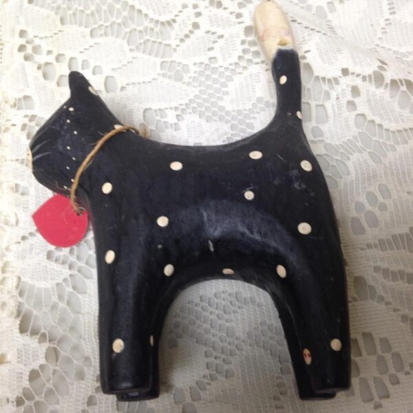 Polka Dot, Hand painted Wood, Figural Cat Ring Holder 5in T x 3.5in L x 1.5in W