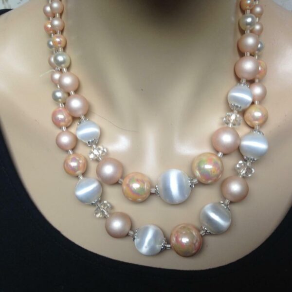 Vintage, 2-Strands, Pink and White Graduated Beads 18-inch Necklace