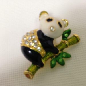 Beautiful, Gold Tone, Black and White Enamel Panda Rhinestone Brooch 1.5in x 1in