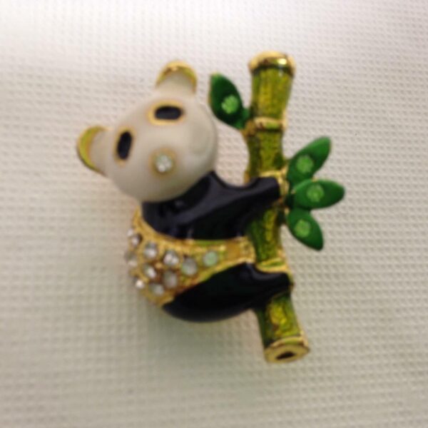 Beautiful, Gold Tone, Black and White Enamel Panda Rhinestone Brooch 1.5in x 1in