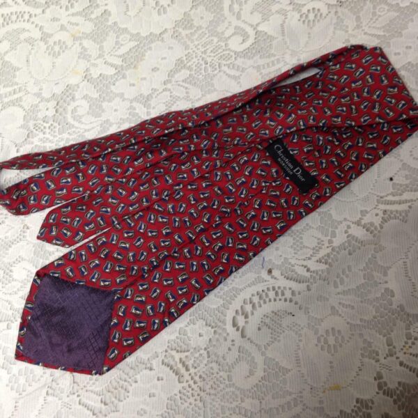 Christian Dior, Blue with White on Red Background- Silk Neck Tie 58in x 4in