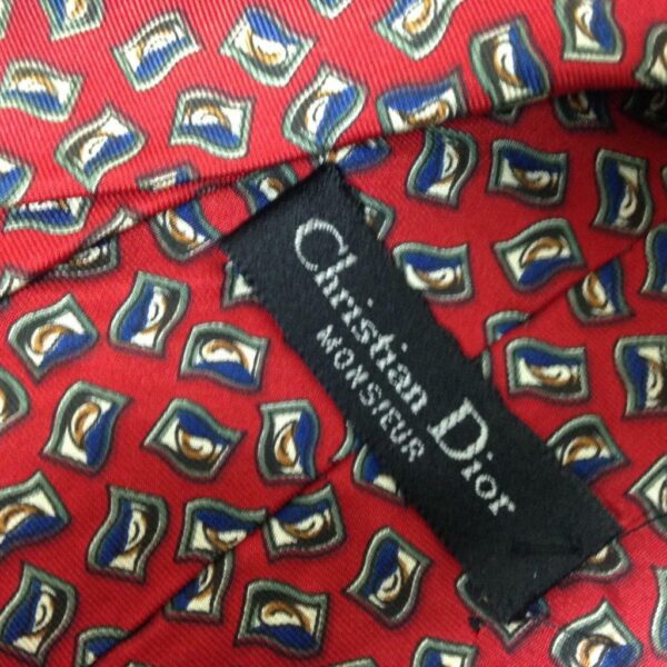 Christian Dior, Blue with White on Red Background- Silk Neck Tie 58in x 4in