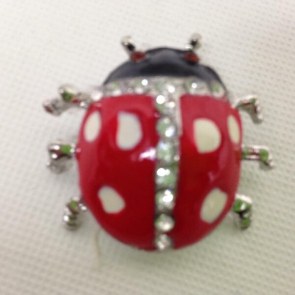 Lady Bug, Red and White Polka Dot Enamel Rhinestone Brooch 1.5in x 1.5in