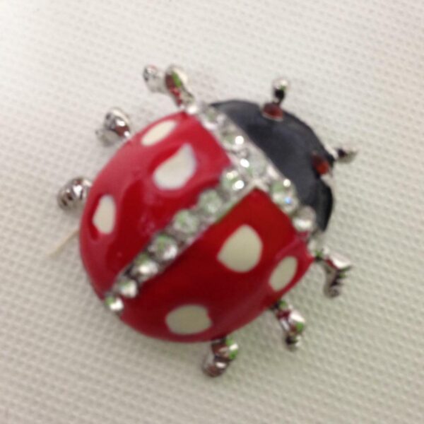 Lady Bug, Red and White Polka Dot Enamel Rhinestone Brooch 1.5in x 1.5in