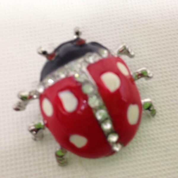 Lady Bug, Red and White Polka Dot Enamel Rhinestone Brooch 1.5in x 1.5in