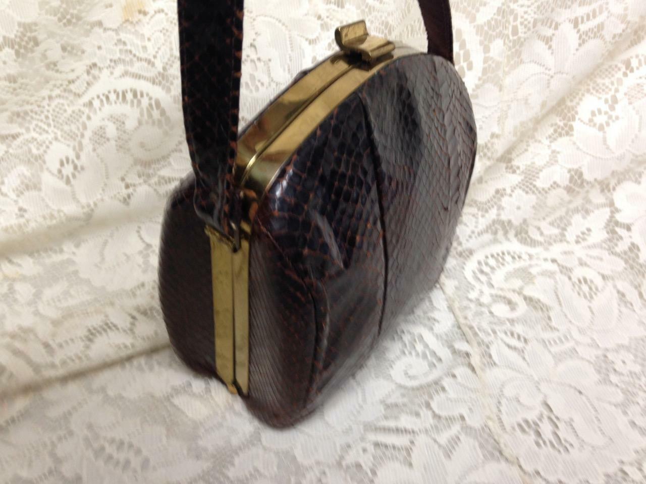 Vintage, Genuine Brown Snakeskin Leather Handbag 8in x 7inx 3in