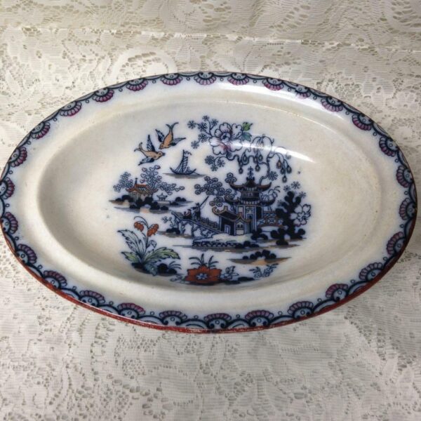 Antique, Flow Blue , Variant Gaudy Willow, E.M. Co., England, Soup Bowl-Tureen