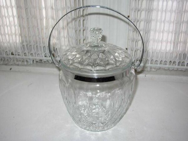 Vintage, Art Deco, 10in x 11.5in x 6.5in Glass Biscuit Jar with Chrome Handle