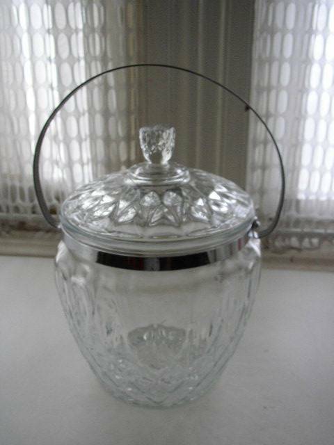 Vintage, Art Deco, 10in x 11.5in x 6.5in Glass Biscuit Jar with Chrome Handle