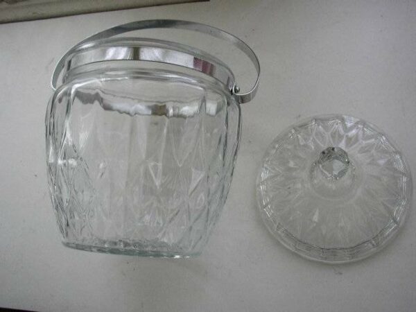 Vintage, Art Deco, 10in x 11.5in x 6.5in Glass Biscuit Jar with Chrome Handle