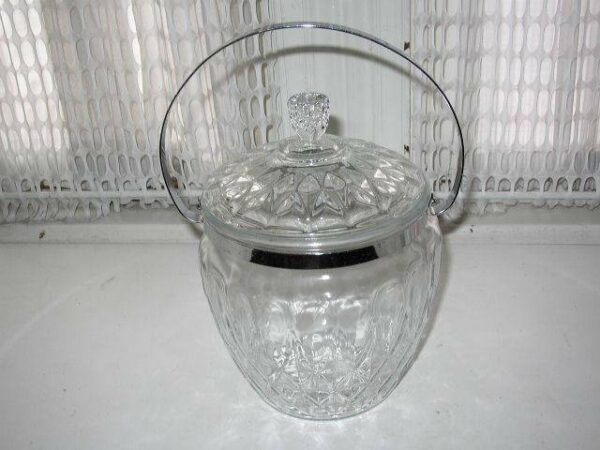 Vintage, Art Deco, 10in x 11.5in x 6.5in Glass Biscuit Jar with Chrome Handle