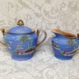 1920s, Moriyama-Morimura, Japan, Variant Gaudy Blue Willow 3pc Creamer and Sugar