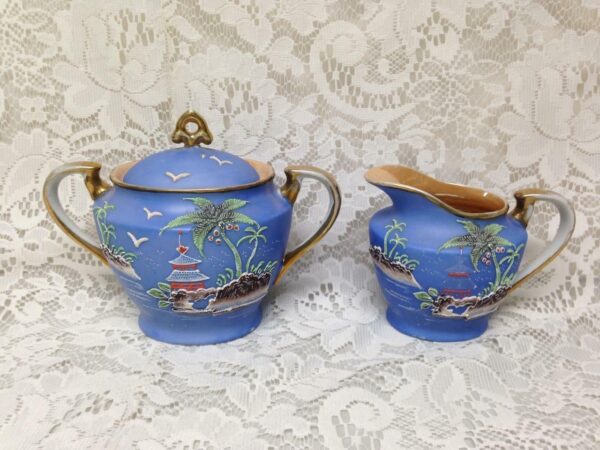 1920s, Moriyama-Morimura, Japan, Variant Gaudy Blue Willow 3pc Creamer and Sugar