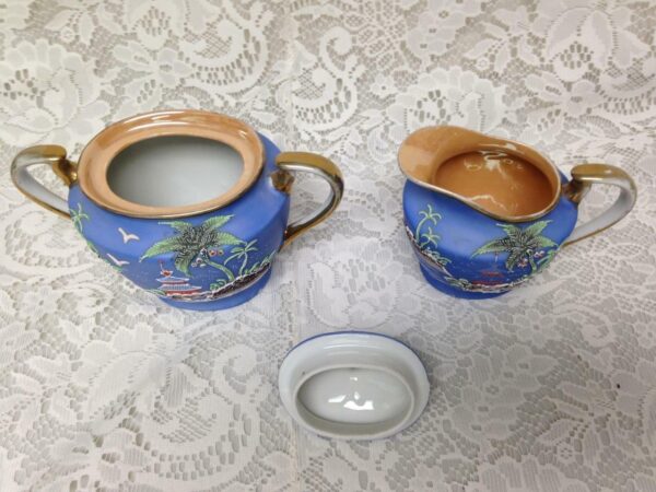 1920s, Moriyama-Morimura, Japan, Variant Gaudy Blue Willow 3pc Creamer and Sugar