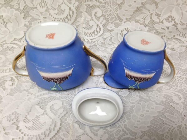 1920s, Moriyama-Morimura, Japan, Variant Gaudy Blue Willow 3pc Creamer and Sugar