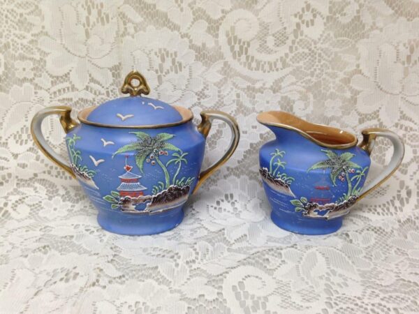 1920s, Moriyama-Morimura, Japan, Variant Gaudy Blue Willow 3pc Creamer and Sugar