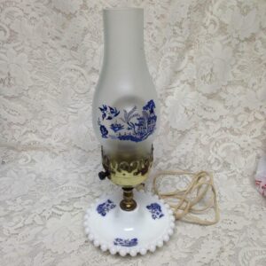 Vintage, 2pc Blue Willow Milk Glass Electric Table Lamp 14in H x 6in W