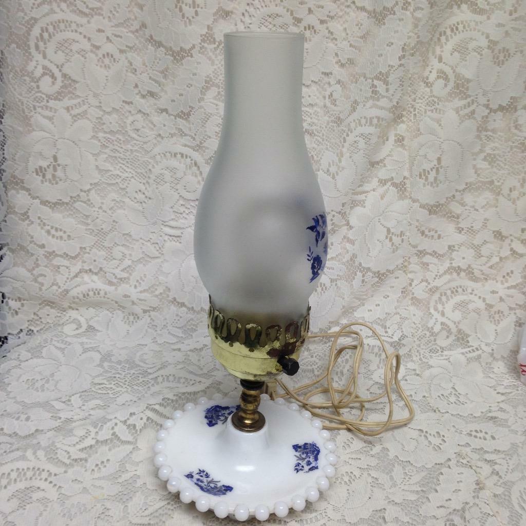 Vintage, 2pc Blue Willow Milk Glass Electric Table Lamp 14in H x 6in W