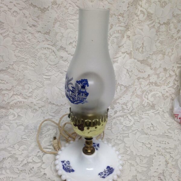 Vintage, 2pc Blue Willow Milk Glass Electric Table Lamp 14in H x 6in W