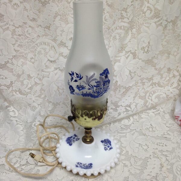 Vintage, 2pc Blue Willow Milk Glass Electric Table Lamp 14in H x 6in W