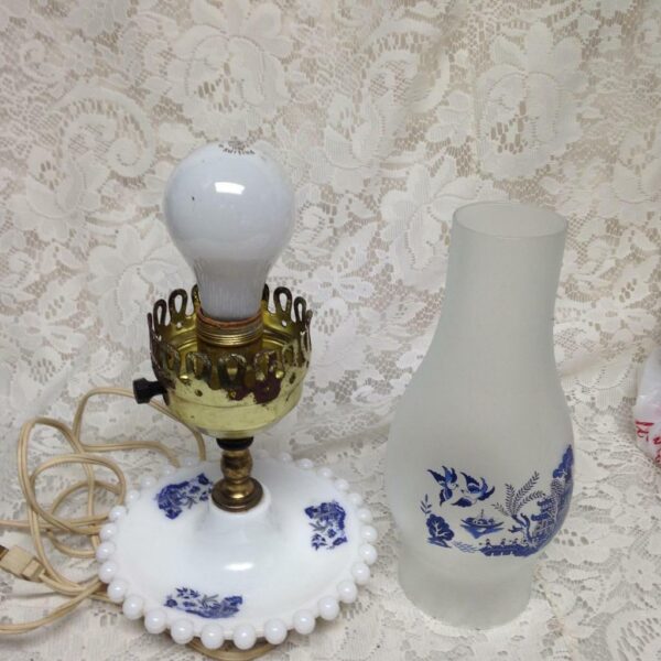 Vintage, 2pc Blue Willow Milk Glass Electric Table Lamp 14in H x 6in W