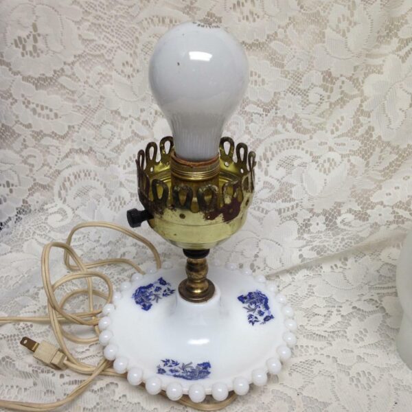 Vintage, 2pc Blue Willow Milk Glass Electric Table Lamp 14in H x 6in W