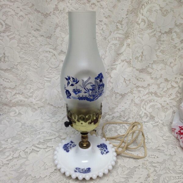 Vintage, 2pc Blue Willow Milk Glass Electric Table Lamp 14in H x 6in W