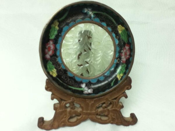 Antique, Elegant, 4.25in Cloissone Plate with Inlay Carving on Copper