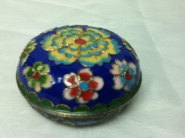 Vintage, Elegant, Enamel, Cloissone Style Round Trinket Box 2.5in x 1.5in