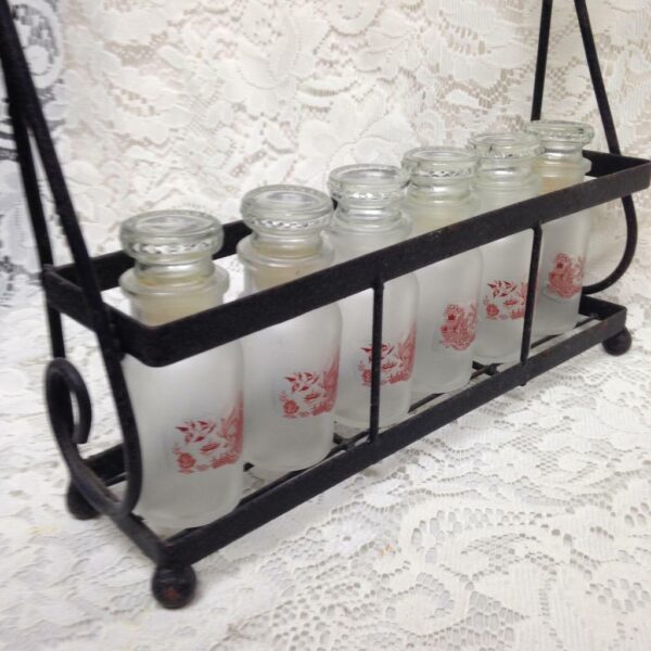 Vintage, 6pc Red-Blue Willow Glass Spice Jars with Hanging Metal Rack