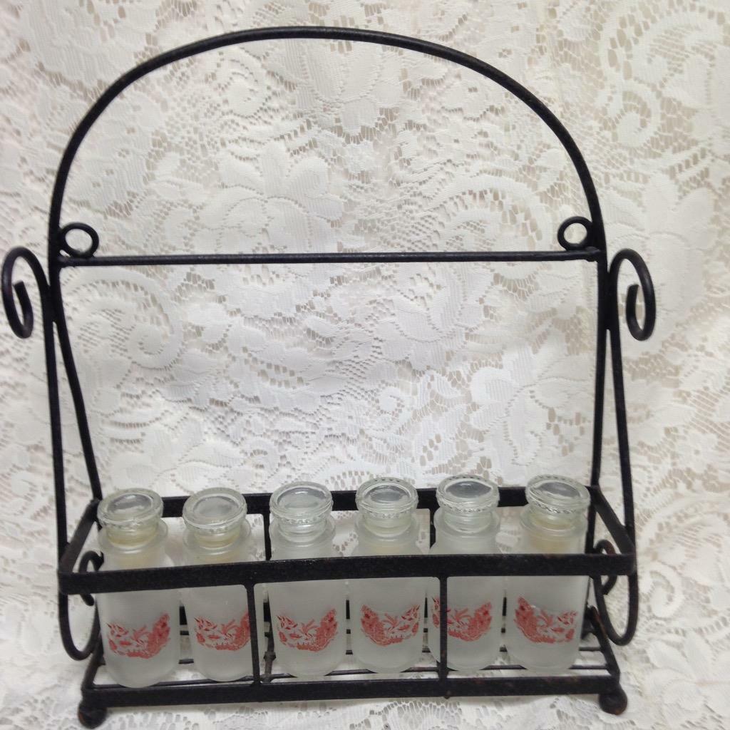 Vintage, 6pc Red-Blue Willow Glass Spice Jars with Hanging Metal Rack