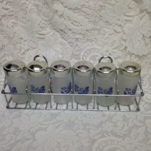 Vintage, 6pc Blue Willow Glass Spice Jars with Chrome Metal Rack