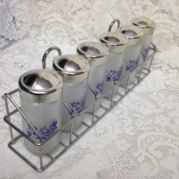 Vintage, 6pc Blue Willow Glass Spice Jars with Chrome Metal Rack