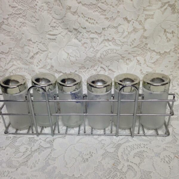 Vintage, 6pc Blue Willow Glass Spice Jars with Chrome Metal Rack