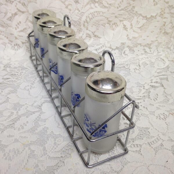 Vintage, 6pc Blue Willow Glass Spice Jars with Chrome Metal Rack